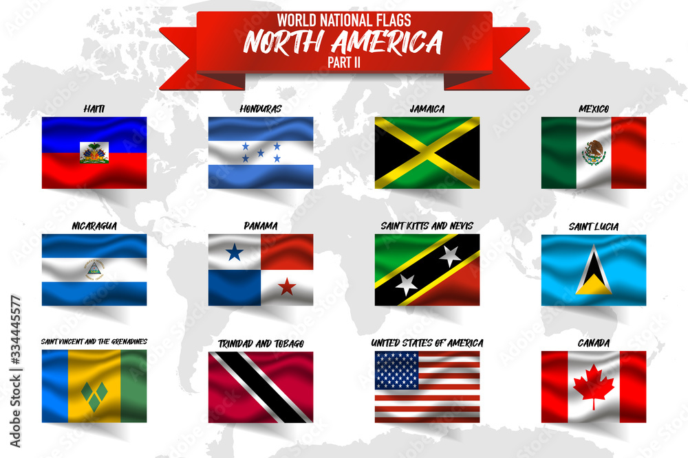 Set of realistic official world national flags, waving edition. isolated on map background. Object, icon and symbol for design. North America Collection. Haiti, USA, Canada, United states of America