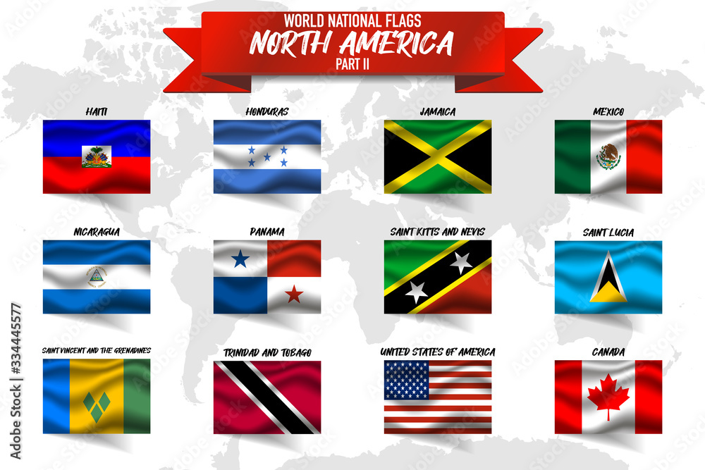 Set of realistic official world national flags, waving edition. isolated on map background. Object, icon and symbol for design. North America Collection. Haiti, USA, Canada, United states of America Set of realistic official world national flags, waving edition. isolated on map background. Object, icon and symbol for design. North America Collection. Haiti, USA, Canada, United states of America