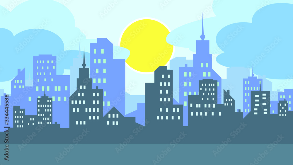 City silhouette vector illustration with sun and clouds