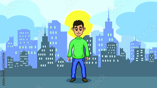 Sad man in depressed walking on street. Day city background with sun and clouds . Vector illustration.