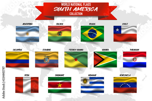 Set of realistic official world national flags, waving edition. isolated on map background. Object, icon and symbol for design. South America Collection. Argentina, Peru, Bolivia, Uruguay