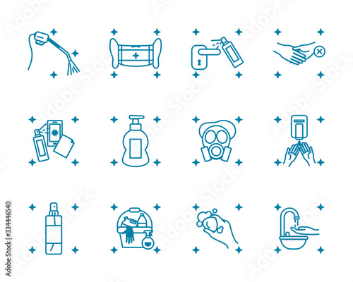 spray bottles and cleaning tools icon set, line style