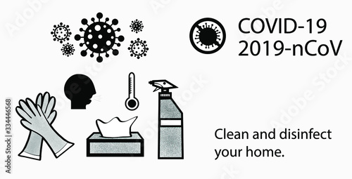 Protective and cleaning equipment, tissue box, spray, gloves, stop the spread 2019 ncov virus design of Covid 19 epidemic disease symptoms and medical theme - Vector illustration,icon