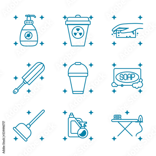 soap and cleaning elements icon set, line style