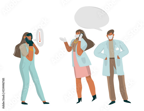 Hand drawn vector stock abstract graphic illustration with doctors who talk on the phone with an infected girl who has a high fever and give recommendations isolated on white background