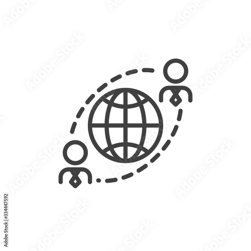 Global Management line icon. Outsourcing linear style sign for mobile concept and web design. Globe and business people connection outline vector icon. Symbol, logo illustration. Vector graphics