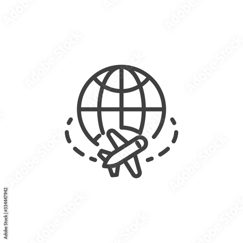 Worldwide travel line icon. linear style sign for mobile concept and web design. Globe and airplane outline vector icon. Symbol, logo illustration. Vector graphics