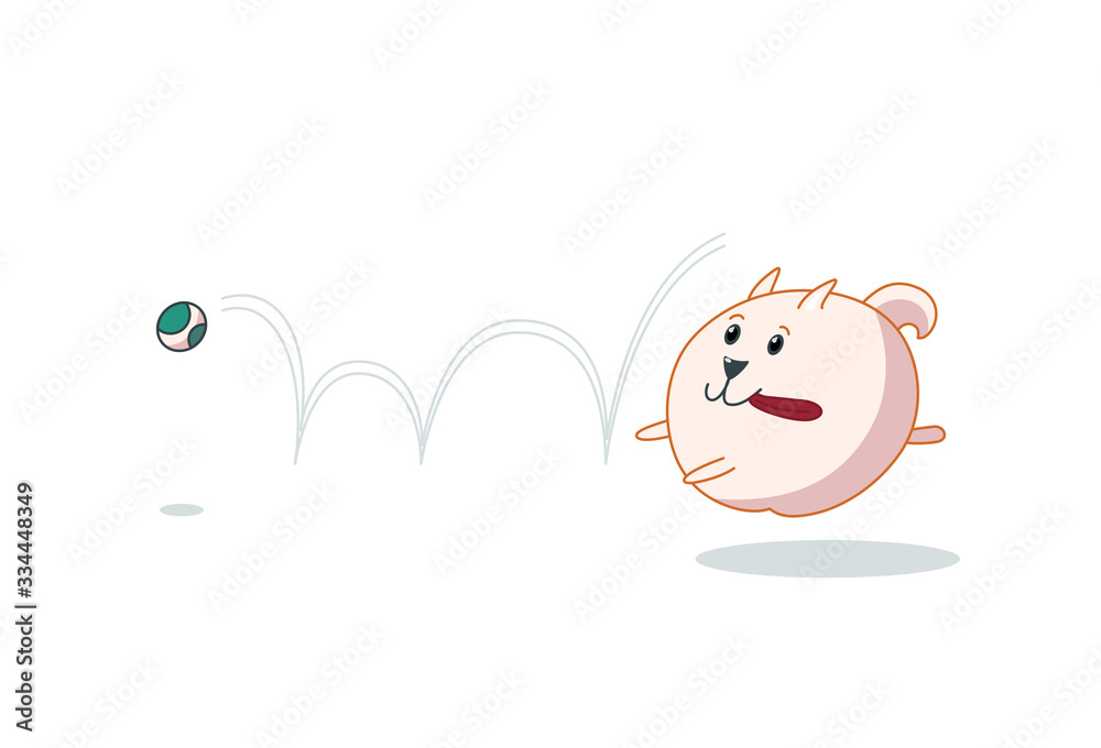 Pomeranian puppy catching the ball. Vector illustration in cute cartoon style Pomeranian puppy catching the ball. Vector illustration in cute cartoon style