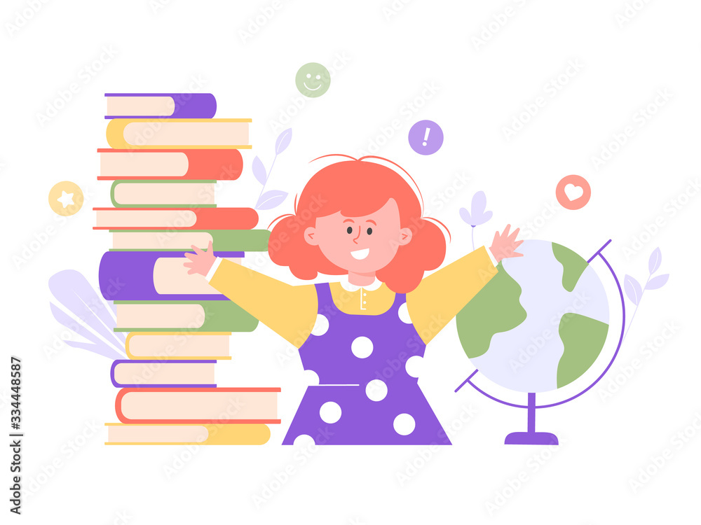 Home schooling or first time in first grade. Cheerful little girl with books and a globe is ready to study. Vector flat illustration. Home schooling or first time in first grade. Cheerful little girl with books and a globe is ready to study. Vector flat illustration.