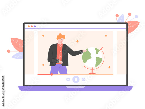 Teacher lecturer and globe on laptop screen. Online training, courses and webinars. Vector flat illustration.