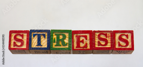 The term stress isolated on a clear background using colored wooden toy blocks image in horizontal format with copy space