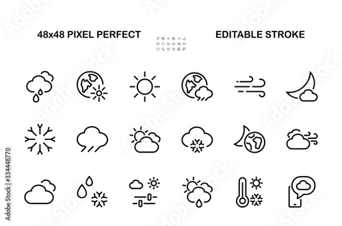 WEATHER set of icons, icons such as weather forecast and clouds, wind, rain, snow, weather settings and sunny weather and much more. Editable stroke, simple vector lines