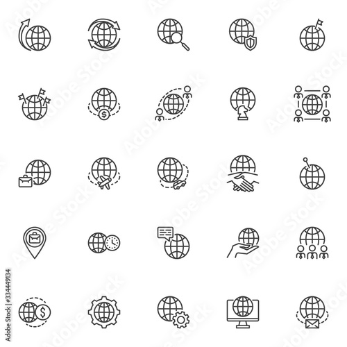 Global business line icons set. linear style symbols collection, outline signs pack. vector graphics. Set includes icons as international agreement, outsourcing, time zone, global money transfer