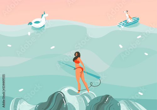 Hand drawn vector stock abstract graphic illustration with a funny sunbathing surfer girl with dog in ocean waves landscape,swimming and surfing isolated on colour background