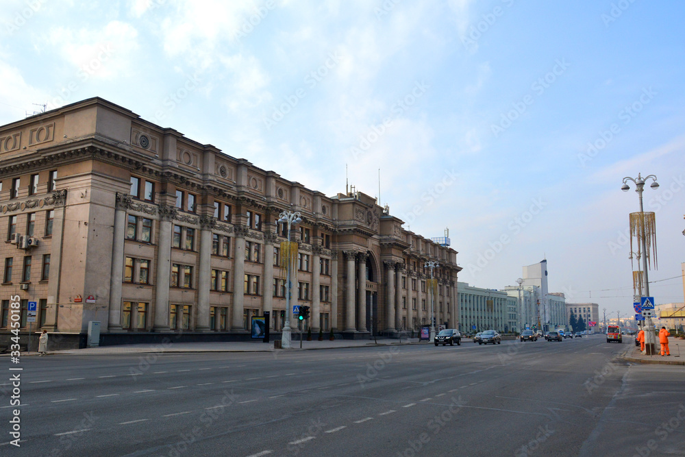 Minsk, Belarus - March 29/03/2020:  Building of the Central Post Office. A sample of the Stalinist Empire on Independence Avenue