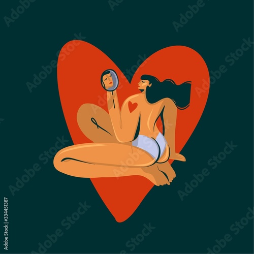 Hand drawn vector stock abstract graphic illustration with young naked girl looking herself in the mirror and big heart isolated on dark black background