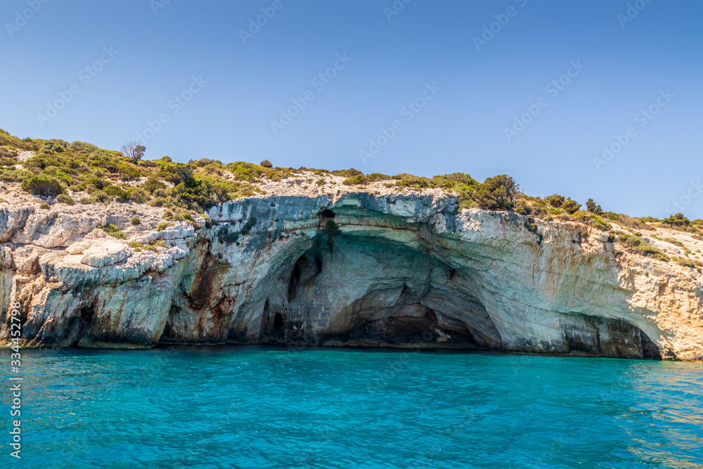Large opening of the Blue Caves where swimmers can access on Zakynthos