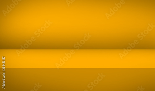 Empty yellow color studio table room background, banner for advertise product, product display with copy space for display of content design. Banner for advertise product on website. 