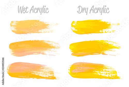 Vector yellow paint smear stroke stain set. Abstract acrylic textured art illustration. Acrilyc Texture Paint Stain Illustration. Hand drawn brush strokes vector elements. Acrilyc strokes.
