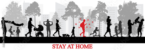 Infected person by coronavirus walking among healthy people in park. Stay at home to be healthy. Vector illustration.