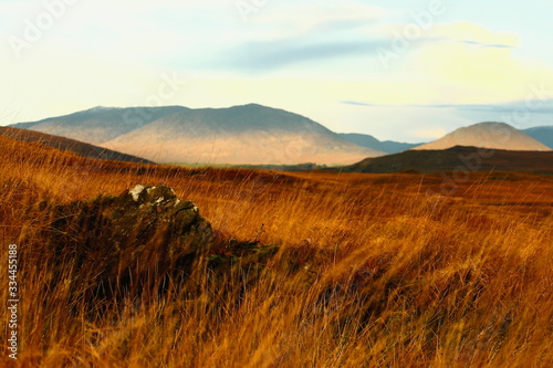 bright coloured orange autumn grass landscape from Connemara, Galway, Ireland with mountains and whispy clouds