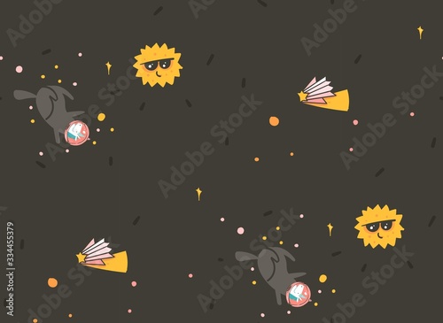 Hand drawn vector abstract graphic creative cartoon illustrations seamless pattern with cosmonaut unicorns with old school tattoo, planets,sun and comets in cosmos isolated on black background