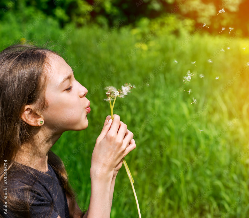 Beautiful young girl in the park blowing on dandelion in summer time on a background of green grass Beautiful young girl in the park blowing on dandelion in summer time on a background of green grass