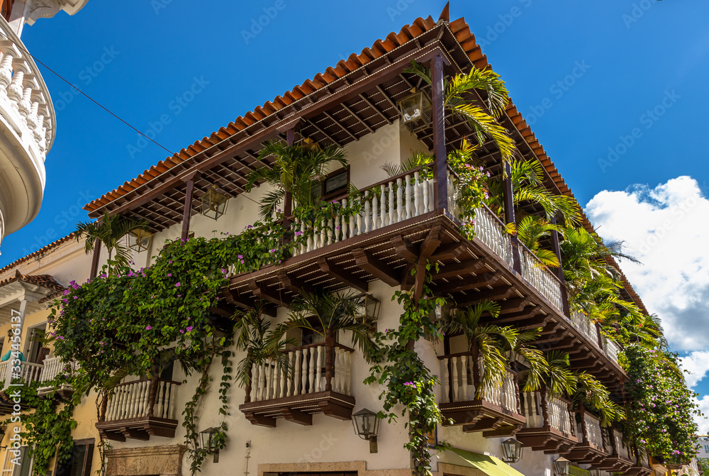 Cartagena de Indias Architecture. View of the colonial buildings and architecture of the Old city (Old town), the heart and core of the history of Cartagena de Indias, Colombia.