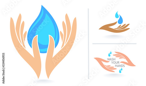 A drop of water held in the palm of our hands. Health and hygiene.