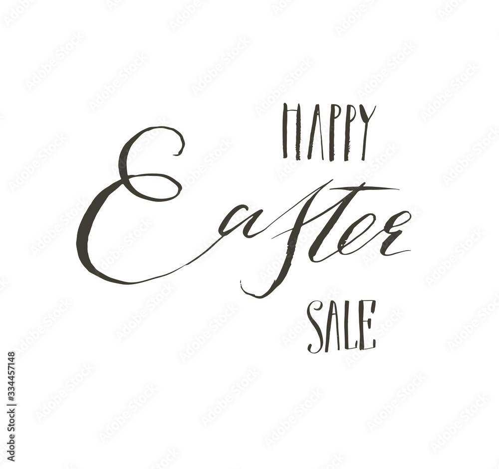 Hand drawn vector abstract graphic scandinavian Happy Easter cute greeting card template with Happy Easter Sale calligraphy lettering phases text isolated on white background