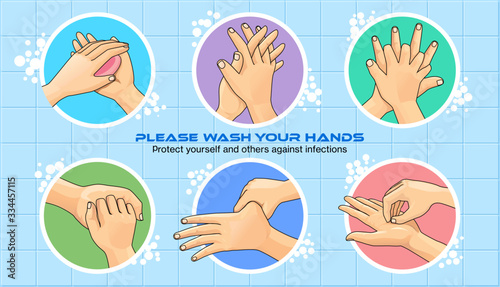 Illustration of best practices of washing hands and taking care of personal hygiene 