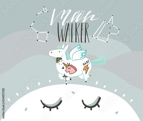 Hand drawn vector abstract graphic creative artistic cartoon illustrations poster background with astronaut pegasus with old school tattoo,handwritten calligraphy isolated on blue background