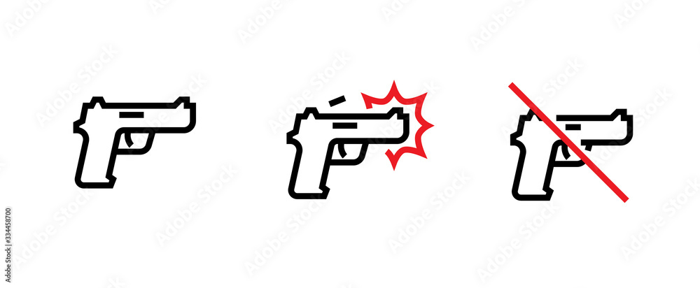 Set of modern weapons, shot and ban icons. Editable line vector.