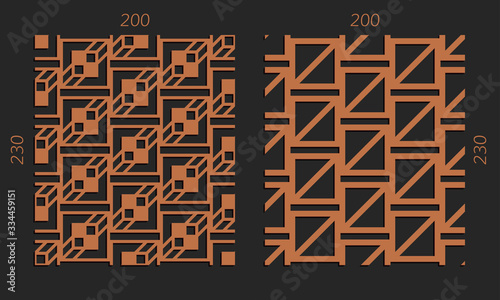 Laser cutting interior set. Woodcut vector trellis panels. Plywood lasercut design. Hexagonal seamless patterns for printing, engraving, paper cut. Stencil lattice ornaments.