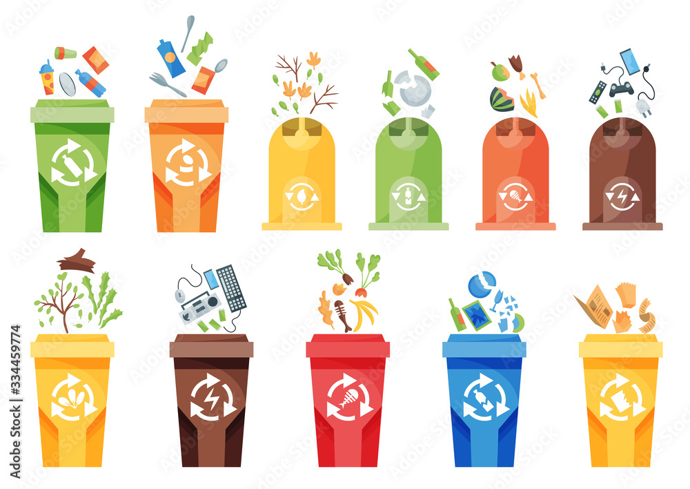 Garbage collection recycling. Plastic containers for garbage of different types. Rubbish container concept logo. Vector illustrations in cartoon style Garbage collection recycling. Plastic containers for garbage of different types. Rubbish container concept logo. Vector illustrations in cartoon style