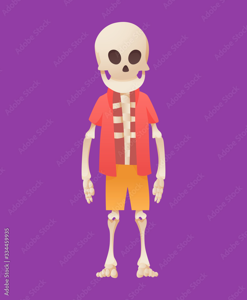 Funny cartoon skeleton posing while standing in shorts and a t-shirt. Vector bony character. Human bones illustration skeletal. Dead man on color background Funny cartoon skeleton posing while standing in shorts and a t-shirt. Vector bony character. Human bones illustration skeletal. Dead man on color background