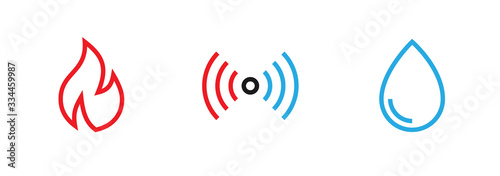 Set of Alarm, threat of Fire and Water. Editable line vector.