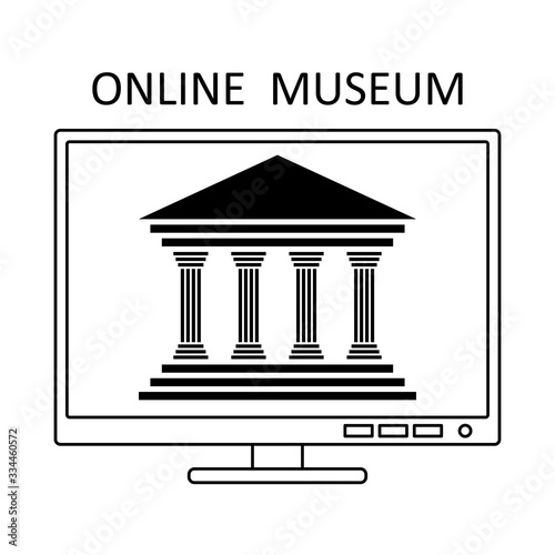 Online museum concept in line style. Museum gallery art sign icon. Outline vector illustration. Online tourism art concept. Technology icon vector design. Virtual interactive gallery excursion.