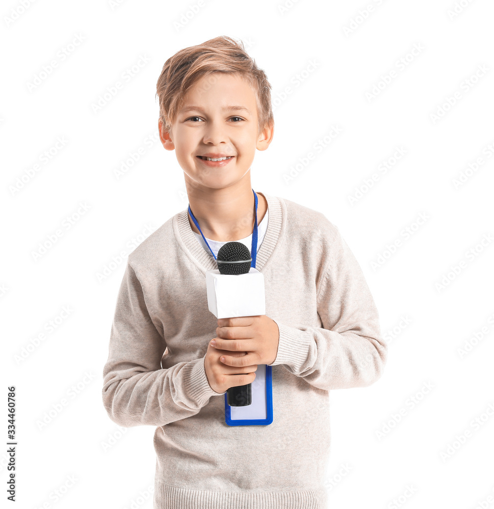 Little journalist with microphone on white background Little journalist with microphone on white background