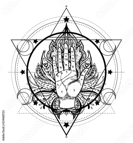 Vintage Hands. Hand drawn sketchy illustration with mystic and occult hand drawn symbols. Palmistry concept. Vector illustration. Spirituality, astrology and esoteric concept. photo