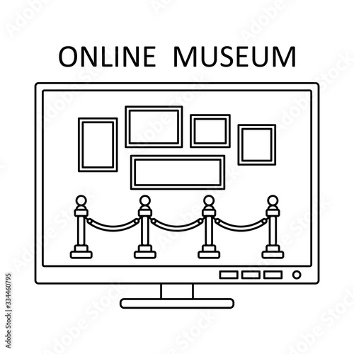Online museum concept in line style. Museum gallery art sign icon. Outline vector illustration. Online tourism art concept. Technology icon vector design. Virtual interactive gallery excursion.
