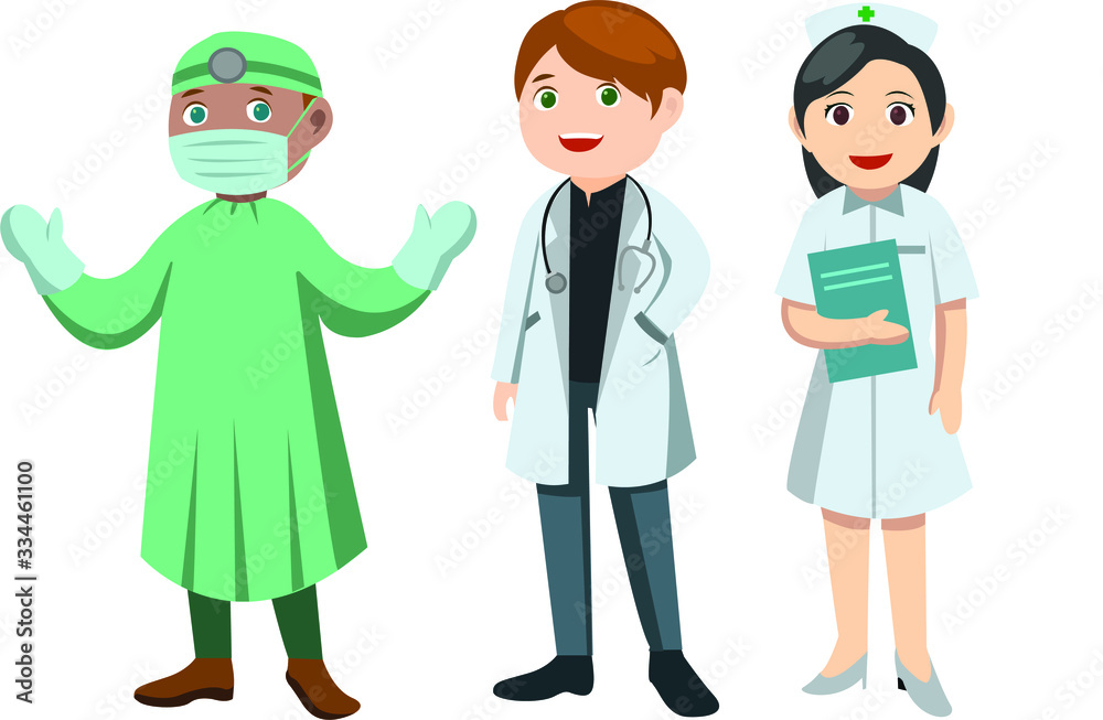 Medical Staff team with doctor wearing surgery clothes, ICU doctor and nurse holding book on her hand Illustrator 