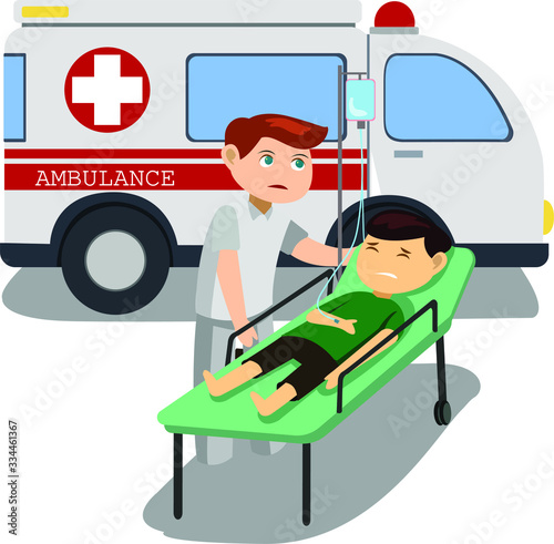 Sick man being carry on with medical staff using operational surgical bed