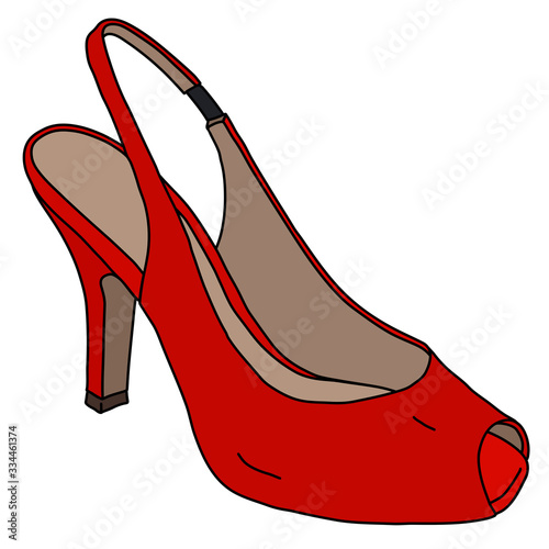 The vectorized hand drawing of a red womans shoe on high heel