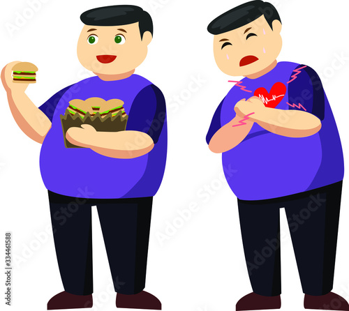 Young man likes to eat junk food and he has heart disease Vector Illustration
