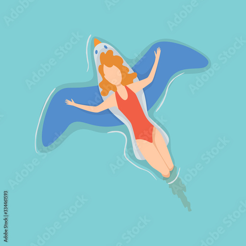 Top view persone floating on air mattress in swimming pool. Men relaxing and sunbathing on inflatable bird shape. Vector Illustration