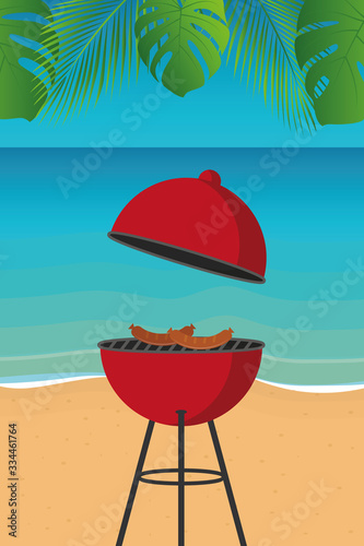 summer time barbeque on the beach with palm leaf vector illustration EPS10