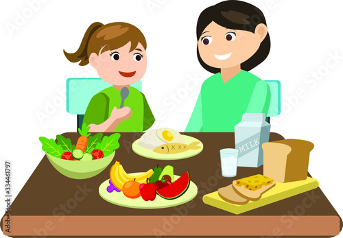 Mother and her daughter are sitting in the dinning room and they are having healthy dinner 