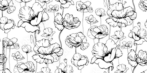 Seamless floral decorative pattern with black and white Poppy flowers on white background. Endless spring texture for your design, fabrics, decor, print, coloring book. Copper-rose, Papaver somniferum