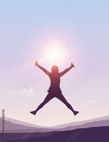 happy girl jumps at sunny summer sky background vector illustration EPS10